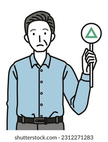 senior man holding triangle tag