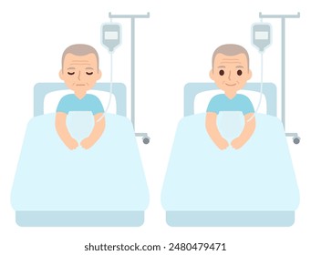 Senior man in hospital bed receiving IV drip treatment. Cute cartoon illustration in flat vector style