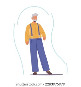 Senior Man Inside of Strong Immunity Shield, Signifying Robust Health And Secure Immune System. Character Promoting Health Supplements, Medical or Aging Products. Cartoon People Vector Illustration