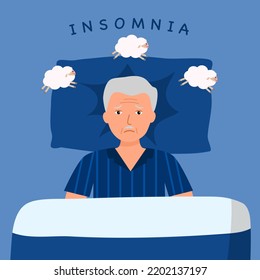 Senior man insomnia concept vector illustration. Sleeplessness problem.