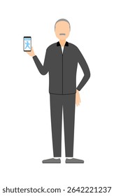 Senior man in jersey posing with smartphone showing health app, Vector Illustration