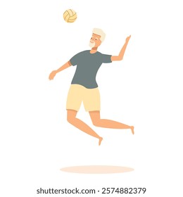 Senior man is jumping and hitting a volleyball, enjoying a day at the beach