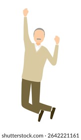 Senior man jumping with a victorious pose, raising fists in celebration, Vector Illustration