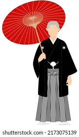 A senior man in kimono, wearing a crested hakama, Posing with an umbrella