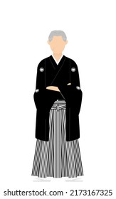 A senior man in kimono, wearing a crested hakama, fold one's arms