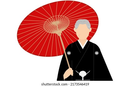 A senior man in kimono, wearing a crested hakama, Posing with an umbrella