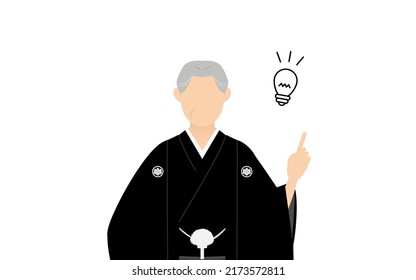 A senior man in kimono, wearing a crested hakama, Pointing and advising