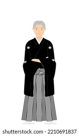 A senior man in kimono, wearing a crested hakama, fold one's arms