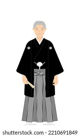 A senior man in kimono, wearing a crested hakama, Pose with a fan
