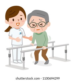 Senior man learning to walk in physiotheraphy