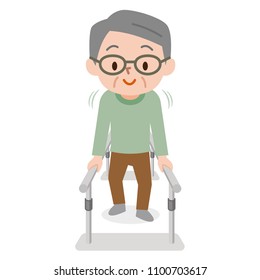 Senior man learning to walk in physiotheraphy