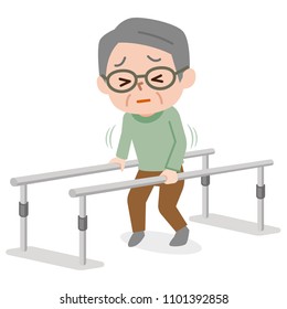 Senior man learning to walk in physiotheraphy