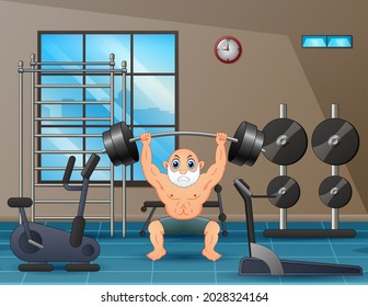 Senior man lifting a barbell inside the gym illustration