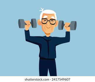 
Senior Man Lifting Dumbbells Vector Cartoon Character. Happy healthy grandpa doing his weight lifting exercise routine 
