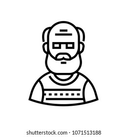 Senior man - line design single isolated icon on white background. High quality minimalistic black pictogram, emblem. An image of a grandfather in sweater, wearing glasses. Avatar symbol