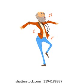 Senior man listening to music on headphones and dancing, grandpa having fun, elderly man cartoon character leading an active lifestyle, social concept vector Illustration on a white background