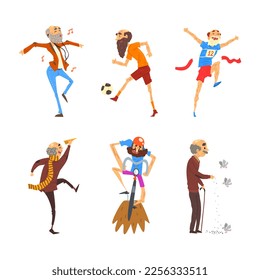 Senior Man Listening to Music, Playing Football, Running Marathon, Riding Bicycle and Feeding Pigeons Vector Set
