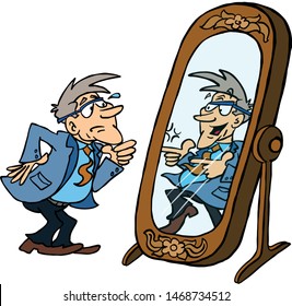 Senior man looking at himself energized in the mirror