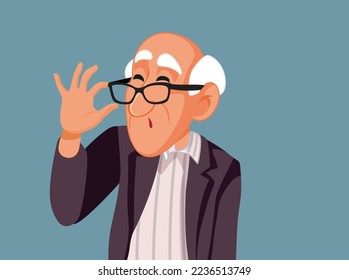 
Senior Man Looking Over his Glasses Vector Cartoon Illustration. Skeptical elderly wearing eyeglass taking it off 
