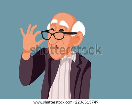 
Senior Man Looking Over his Glasses Vector Cartoon Illustration. Skeptical elderly wearing eyeglass taking it off 
