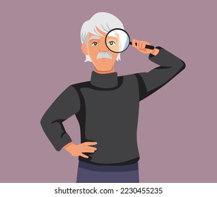 
Senior Man Looking Through a Magnifying Glass Vector Cartoon. Elderly person analyzing with attention to details using a magnifier 
