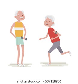 Senior man make exercise with dumbbells. Elderly woman run with armband for jogging. Adult people sport activities. Vector Illustration