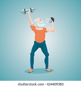 Senior man making an exercise with a dumbells. Sport illustration