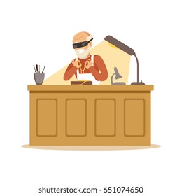 Senior man making jewelry in workshop, craft hobby or profession colorful character vector Illustration