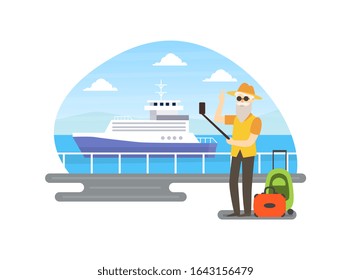Senior Man Making Selfie in Front of Cruise Ship, Elderly People Active Lifestyle Vector Illustration