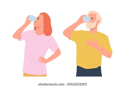 Senior man and mature woman cartoon character drinking water having healthy morning habit