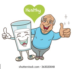 Senior Man and Milk with Thumb up Vector Cartoon, vector illustration