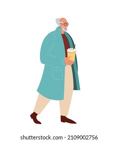 Hombre mayor con un café moderno de abrigo azul. Elegante jubilado caballero, Copa de café en las manos con traje de moda. Persona de moda antigua, Tendencia de la temporada fría.Ilustración vectorial sobre fondo blanco