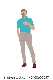 Senior man in modern smart casual summer clothes standing full length. Handsome bearded Businessman in glasses and street fashion outfit. Flat vector colorful illustration isolated on white background