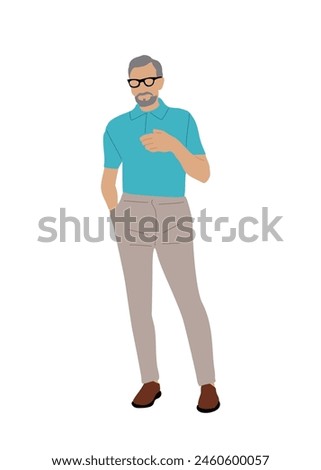 Senior man in modern smart casual summer clothes standing full length. Handsome bearded Businessman in glasses and street fashion outfit. Flat vector colorful illustration isolated on white background