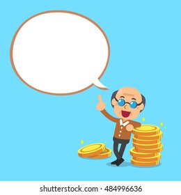 Senior man and money coins with white speech bubble