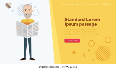 Senior man with newspaper. Pensioner spending his free time by reading news. Flat vector illustration. Hobby, reading, retirement, pension concept for banner, website design or landing page