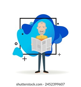 Senior man with newspaper. Pensioner spending his free time by reading news. Flat vector illustration. Hobby, reading, retirement, pension concept for banner, website design or landing page