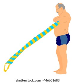Senior man on the beach in swimwear vector illustration. Old person sunbathing outdoor. Active life. Summer time. Holiday rest and relaxation. Mature retail spreads blanket mat on the sand vacation. 