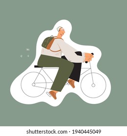 Senior man on bike sticker flat vector cartoon illustration isolated  white background. Elderly male person over 50 60 on bicycle. Healthy active wellbeing lifestyle concept