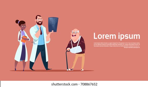 Senior Man On Consultation With Doctors Group, Pensioner In Hospital Health Care Concept Flat Vector Illustration