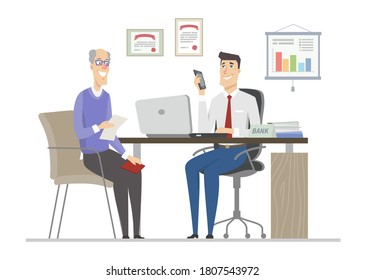 Senior man on the interview - flat design style illustration with cartoon characters. Cheerful retired person talking to an employer in the office. Elderly people employment and social support idea