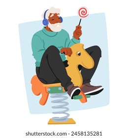 Senior Man On A Playground Spring Horse, Headphones On, Enjoying A Lollipop, Embodying Youthful Joy And The Playful Side Of Aging. Old Male Character Like a Kid. Cartoon People Vector Illustration