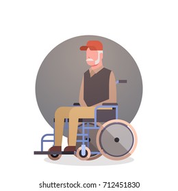 Senior Man On Wheel Chair Grandfather Gray Hair Male Icon Flat Vector Illustration