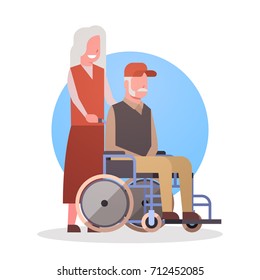 Senior Man On Wheel Chair And Woman Couple Grandmother And Grandfathr Gray Hair Icon Flat Vector Illustration