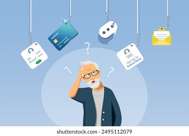 Senior man with online phishing scam, cyber attack and digital crime technology. Phishing hook with SMS fraud link, credit card, password hacking and fake message. Vector.