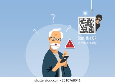 Hombre sénior con estafa de phishing de código QR en línea, Phishing hook con fraude Enlace de código QR para robar dinero de la Cuenta bancaria, ataque de ciberdelito. Vector.