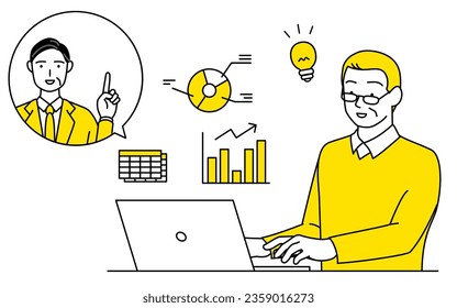 Senior man operating accounting software with advice from tax accountant, filing tax returns, Vector Illustration