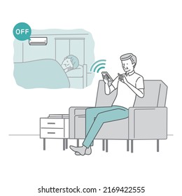 Senior man operating the air conditioner in a separate room with a smartphone