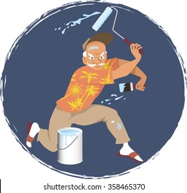 Senior man with a paint roller and a brush in a kung fu stance, paint can in front of him, EPS 8 vector illustration