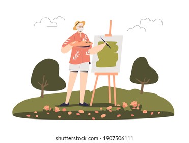 Senior man painting picture outdoors in open air. Adult plein air artist creating artwork . Older painter drawing landscape at easel. Flat vector illustration